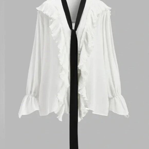 Semi-Sheer Ruffled Detail Blouse w/ Contrasting Tie | Size L | Off White - Picture 2 of 15